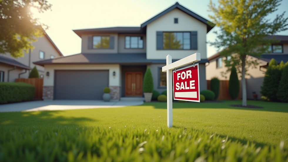 Eye-level view of a modern home with a "For Sale" sign in the yard