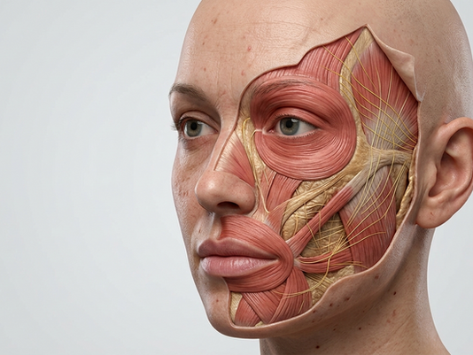 Ilustración anatómica del rostro mostrando el SMAS, músculos faciales y trayectos nerviosos, generada con inteligencia artificial