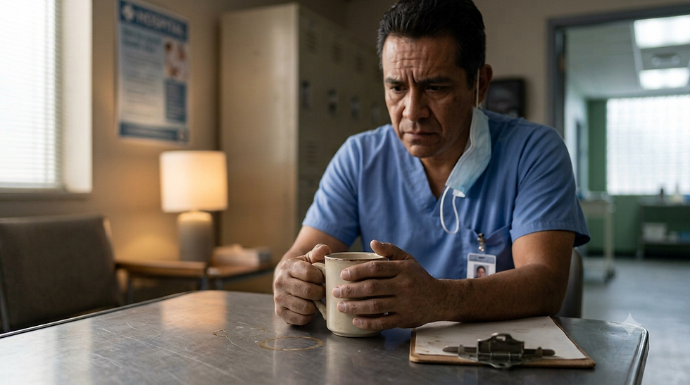 Profesional de la salud sentada sola en el pasillo de un hospital, reflejando el agotamiento emocional y el estrés postraumático tras atender emergencias por un terremoto.