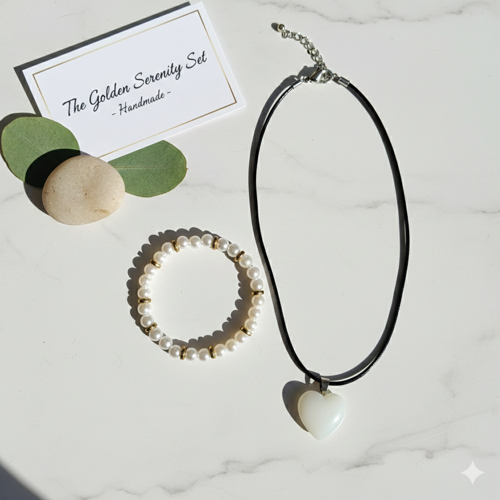 The jewelry is arranged on a white marble surface alongside on a white marble surface with a green leaves