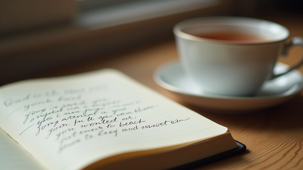 Close-up view of a journal with handwritten notes and a cup of tea