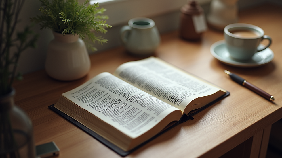 High angle view of a peaceful desk with a Bible, notebook, and pen