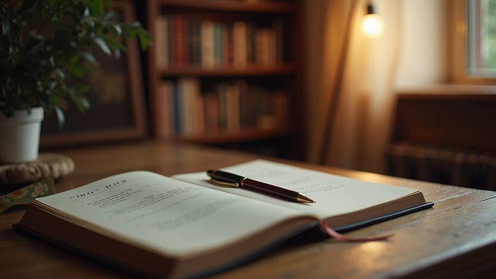 Eye-level view of a cozy writing nook with a journal and pen