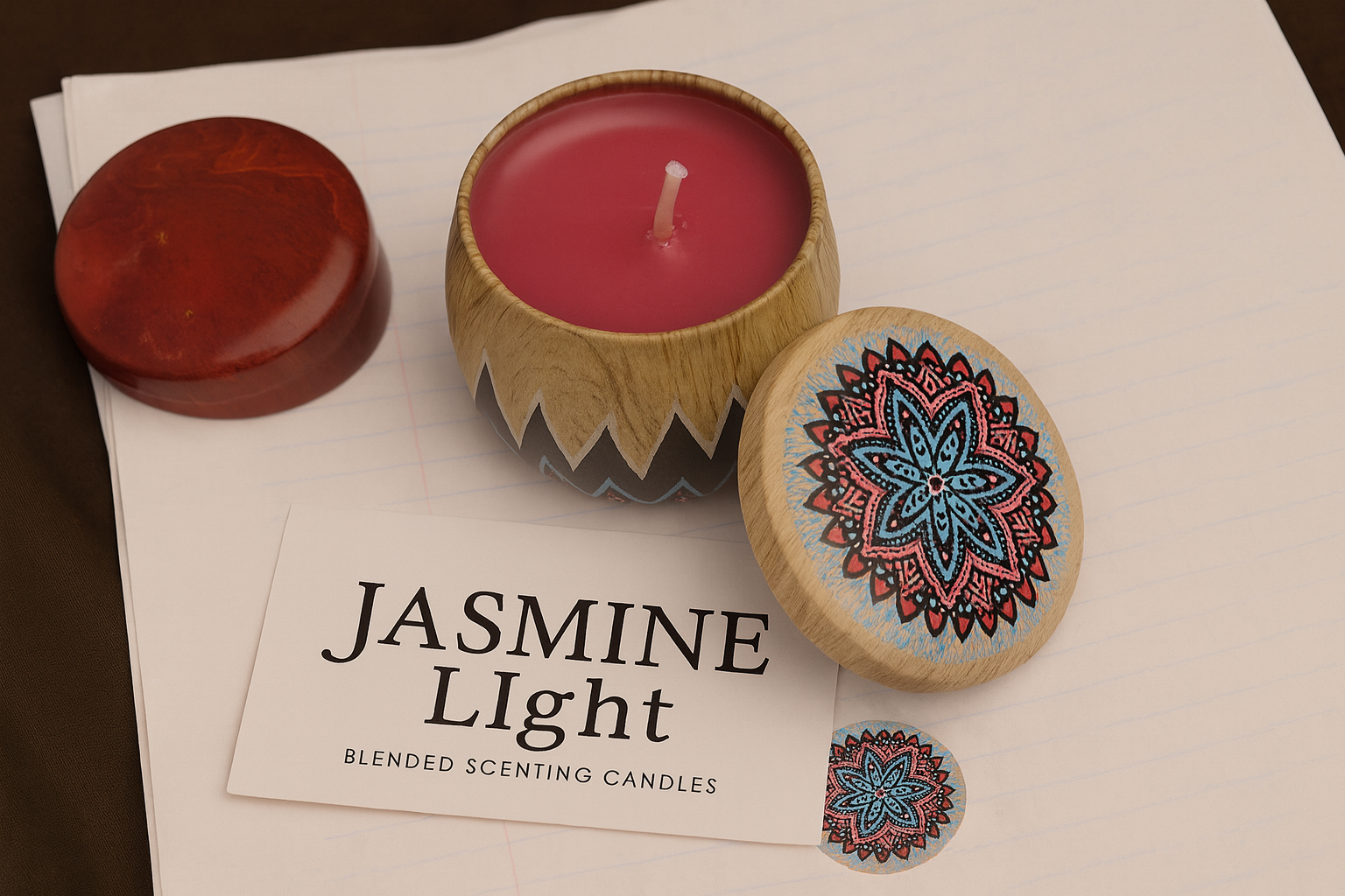 Jasmine Light scented candle with lid and wooden container on paper background