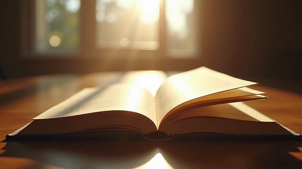 Eye-level view of an open book with soft light illuminating the pages