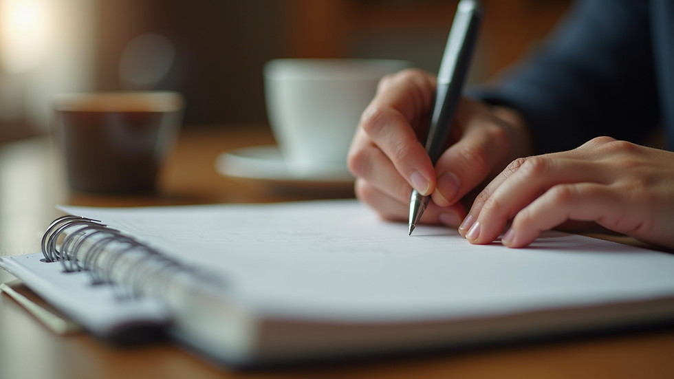 Close-up view of a hand writing in a journal with a cup of coffee nearby