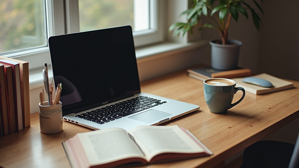 High angle view of a cozy workspace with a laptop, coffee cup, and inspirational books