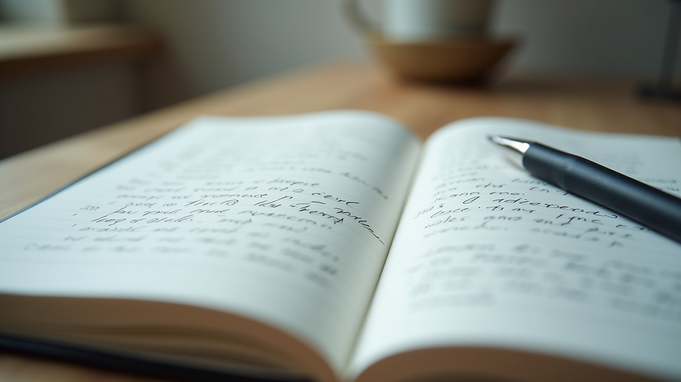 Close-up view of a notebook with handwritten notes and a pen