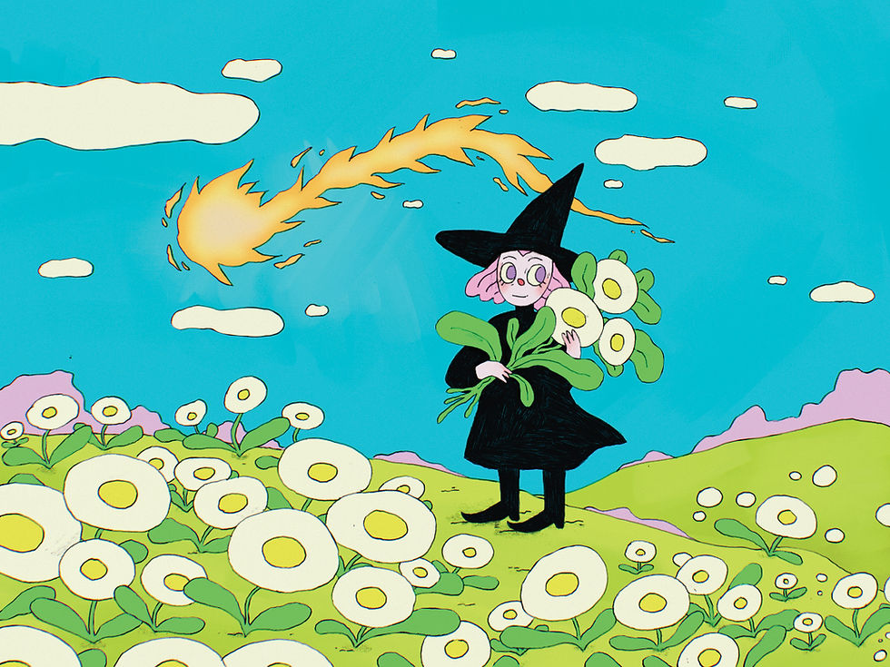 A witch holding a large bunch of flowers stood on a hill, also covered in flowers. She is in front of a vibrant blue sky and there is a comet in the sky behind her.
