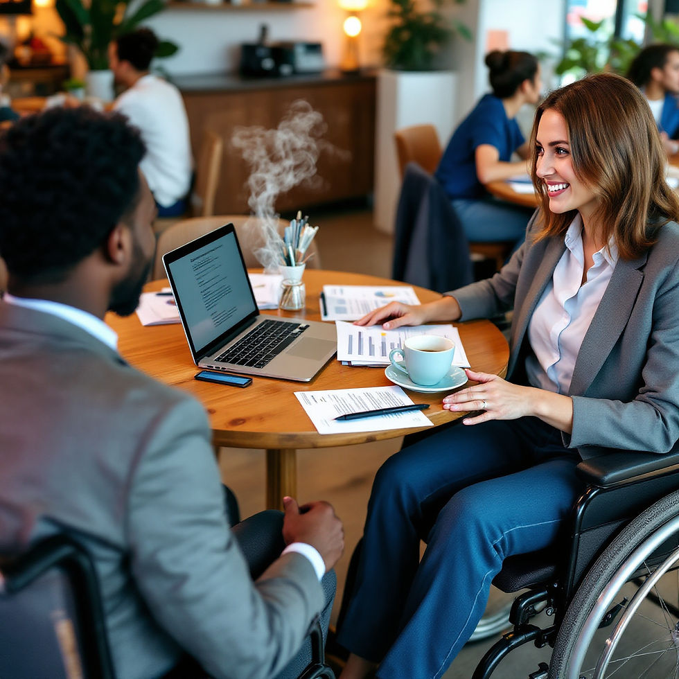 Caption: A smiling female business consultant, wearing professional attire, sits across from a Black man in a wheelchair at a cosy café. They are engaged in a friendly conversation, with two open laptops, a cup of coffee, and documents featuring text and diagrams spread out on the table between them. The atmosphere is warm and collaborative.
