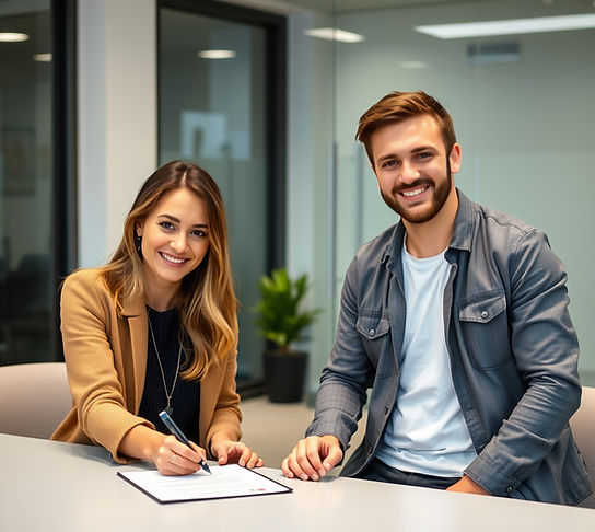 A young woman signs a contract while a casually dressed young man sits beside her, smiling in a modern office setting.