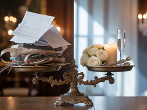 Contrasto visivo tra una cliente stressata che cerca di organizzare da sola il matrimonio tra conti e disordine, e una sposa serena accanto a una wedding planner in un allestimento elegante, a rappresentare come il fai-da-te possa costare di più rispetto all’aiuto di una professionista.