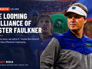 Buddy Martin column: The Looming Brilliance of Buster Faulkner. Photo by Chris Spears, GatorBait Media; Faulkner photo UAA.