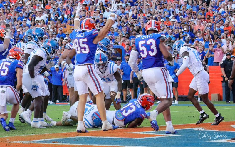 Jadan Baugh celebrates in the end zone after a touchdown against Ole Miss.