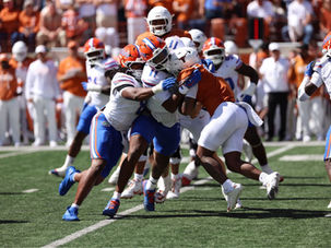 Florida defenders gang-tackle a Texas ball carrier in Austin on Oct. 17, 2026. Photo courtesy UAA and Hannah White.