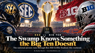 Editorial illustration: SEC and Big Ten championship rivalry at The Swamp