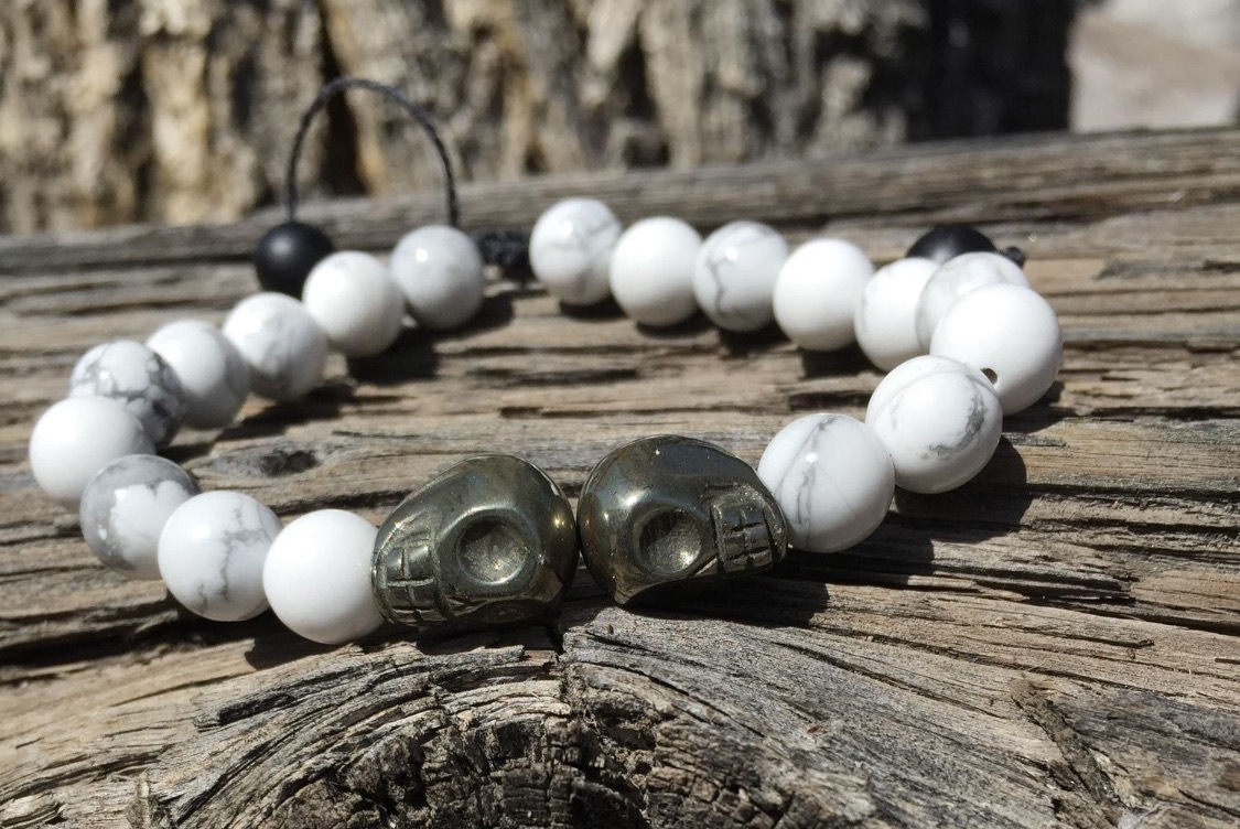 Howlite Beads with Pyrite Skulls Mala