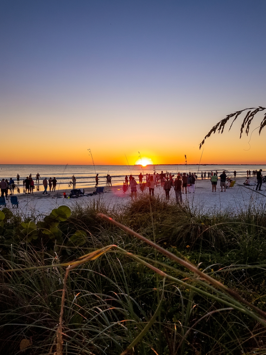 Beach sunset with people on the shoreline