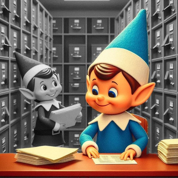 A cartoon elf sitting at a desk working with piles of paper