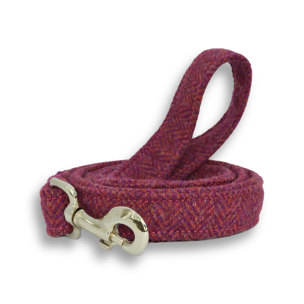 Raspberry Coral Herringbone Harris Tweed lead - Handmade in Scotland