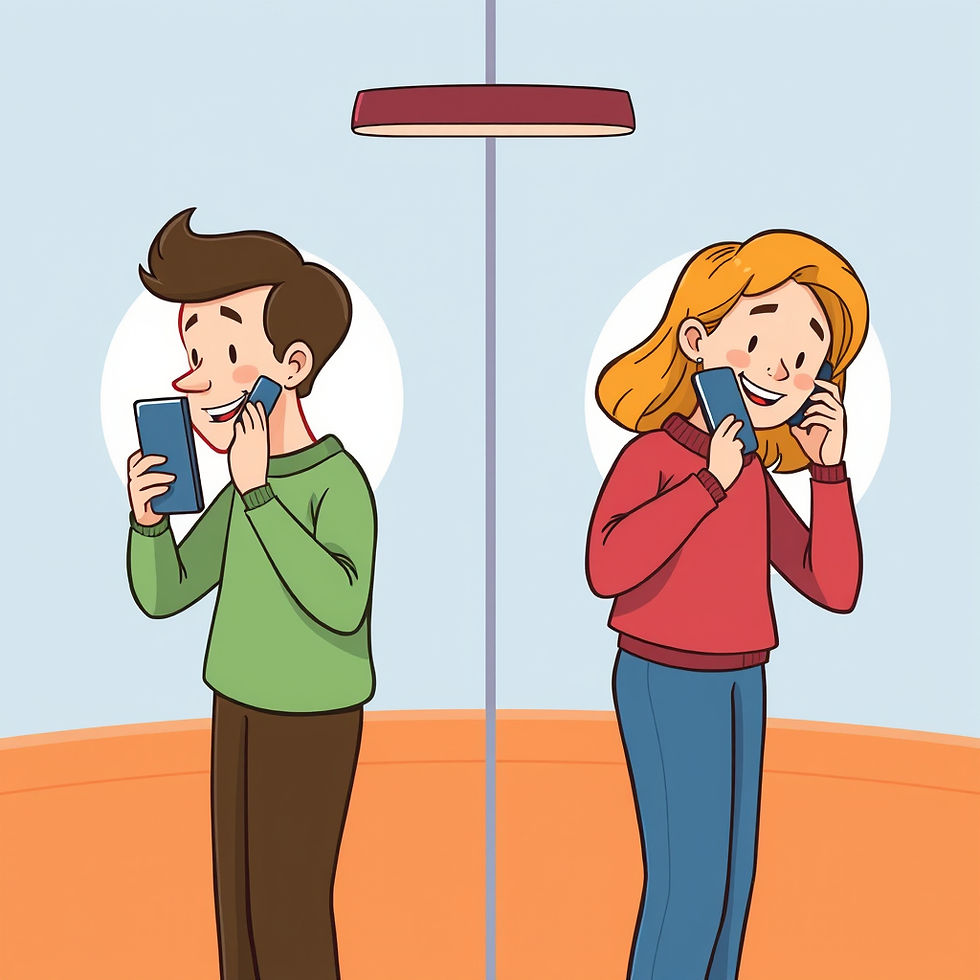 showing two persons making a distant phone call, making conversation with each other over