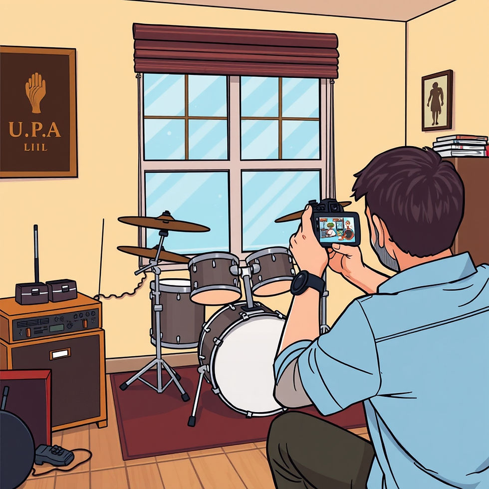 a man takes a photo of a drum kit that is placed in the room.jpg