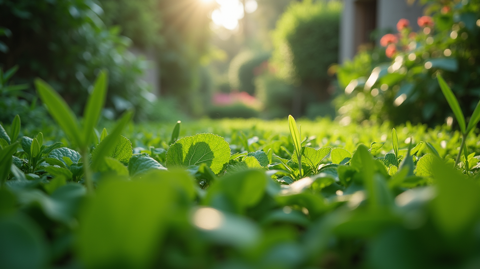Eye-level view of a lush green garden with a variety of plants