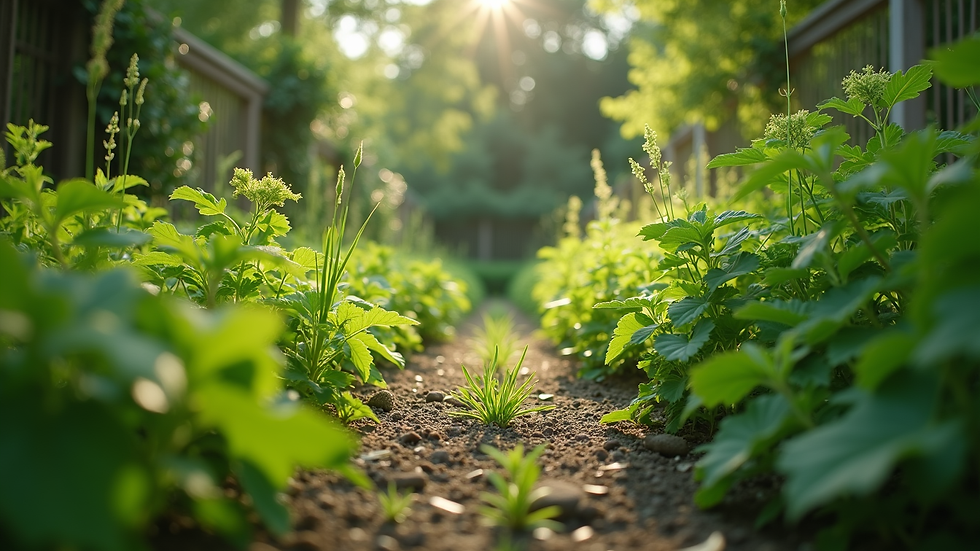 Eye-level view of a lush green garden with diverse plants