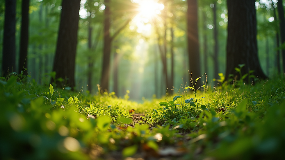 Eye-level view of a lush green forest with sunlight filtering through the trees