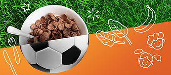 Banner image of cereal bowl and soccer ball with green grass background