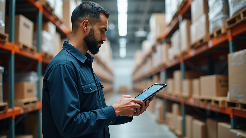 Eye-level view of a warehouse manager using a tablet to track inventory