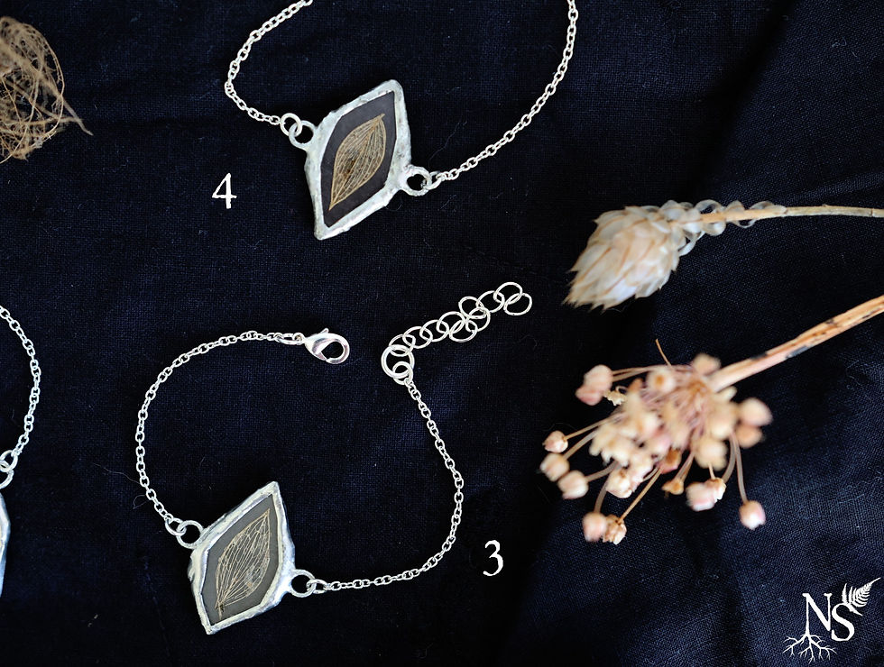 Miniature : Stained glass bracelets showcasing real skeleton leaves on black background and their numbers to choose from