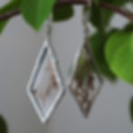 A pair of stained glass earrings showcasing real roots hanged among green leaves