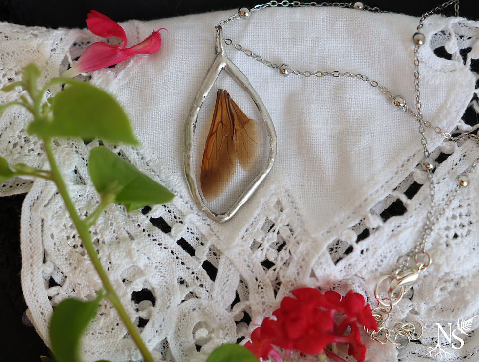 Thumbnail: A stained glass pendants with real insects wings inside.