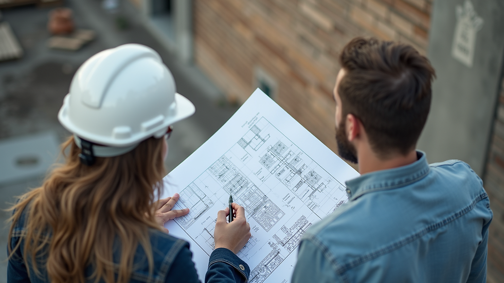 High angle view of a project manager reviewing building plans on site