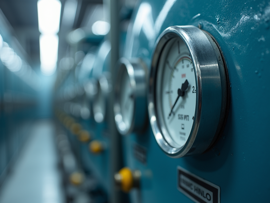 An industrial ammonia refrigeration system component with clear gauges indicating optimal