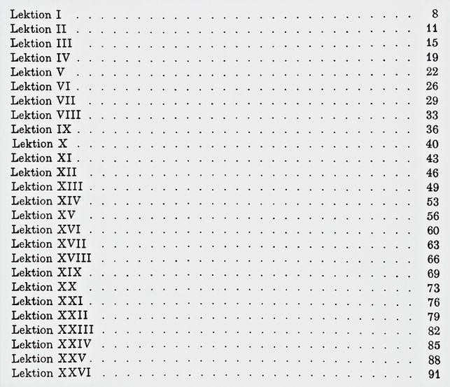 Das großformatige Bild erinnert an die erste Seite eines Buches. Auf der linken Seite stehen die Lektionen, auf der rechten Seite die Seitenzahlen. Dazwischen Punkte. Aus der Nähe betrachtet erscheint das Zentrum des Bildes wie ein ungegenständliches Bild, im Sinne von Agnes Martin.