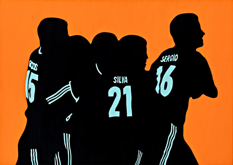 Ölbild, Kunstwerk.  Die spanische Männer-Nationalmannschaft nach dem Sieg der Weltmeisterschaft 2010.