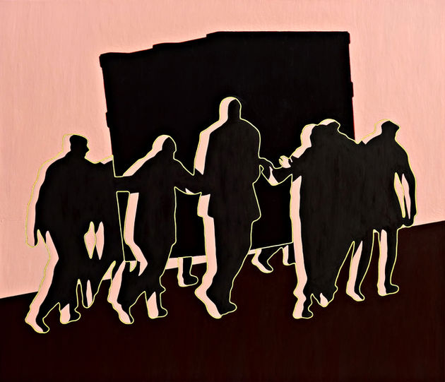 Viele Menschen tragen einen schwarzen Kasten, eine Black Box. Niemand weiß, was in der Box ist und wohin die Box getragen wird. Schwarzer Kasten vor rosa Hintergrund. Malerei