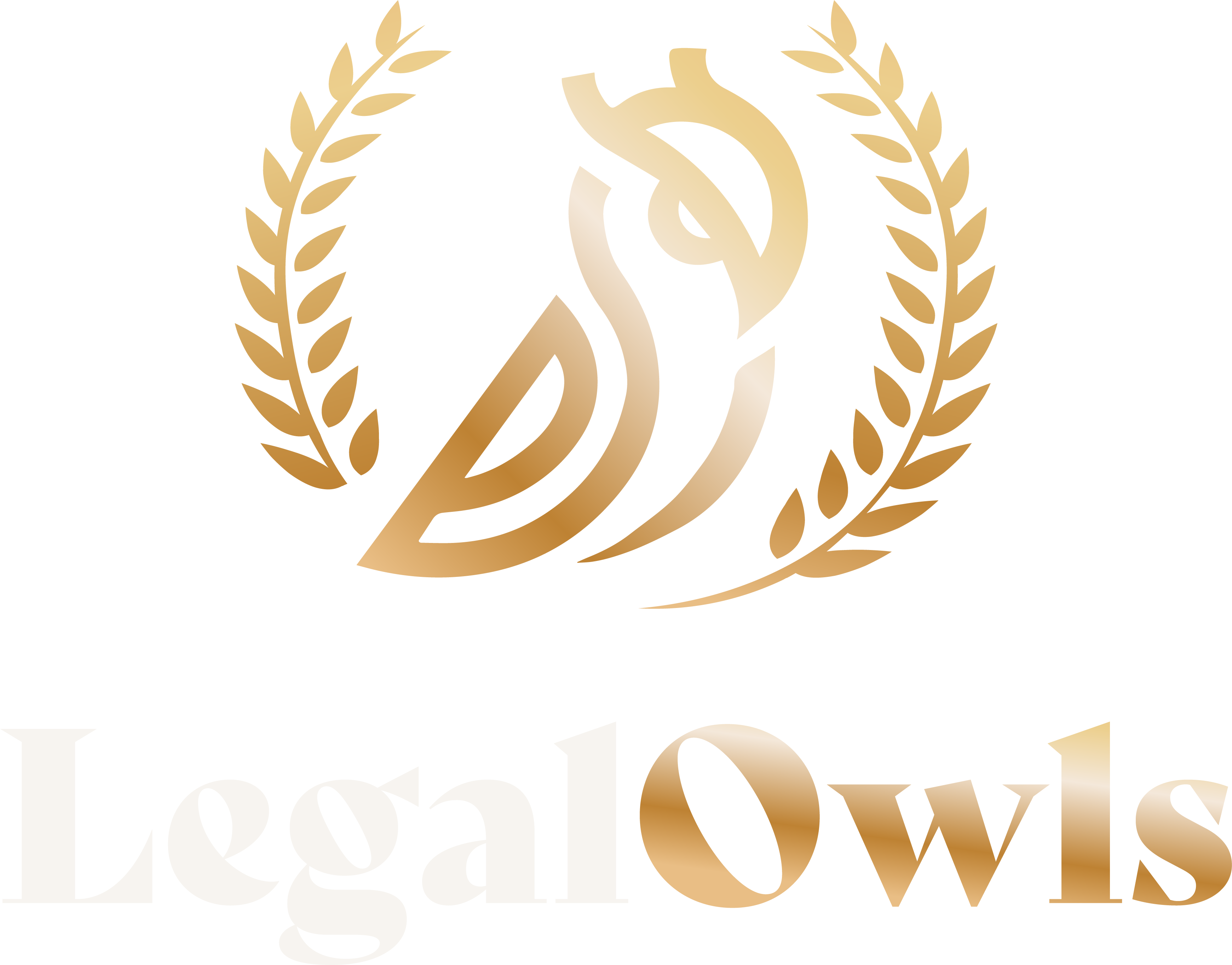 Legal Owls Gold and white logo with symbol and text