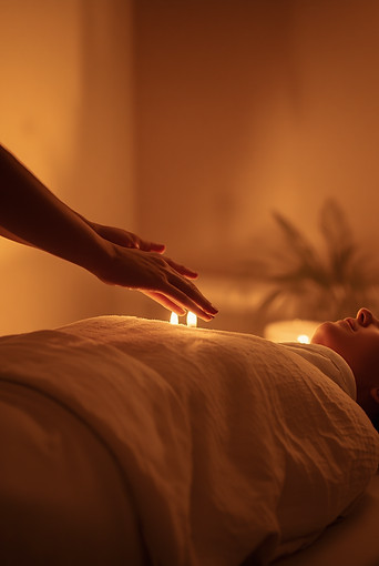 Warm glowing room, two hands hovering over a clothed person lying on table, reiki energy h