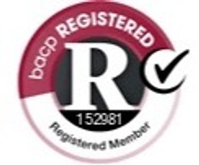 BACP Registered Member Badge, a red, black and white circle with a check mark and a capital R in the centre.
