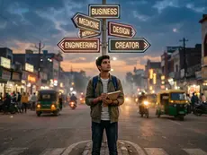 A young man with a backpack stands on a busy street at dusk, holding notebooks. Signposts above show career options. Mood: contemplative.