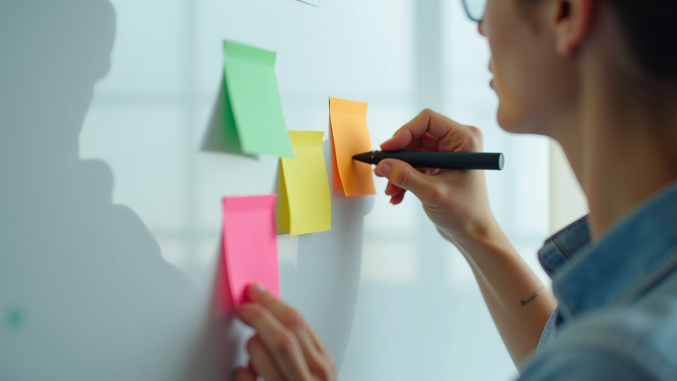 Close-up view of a facilitator using sticky notes on a whiteboard during a workshop