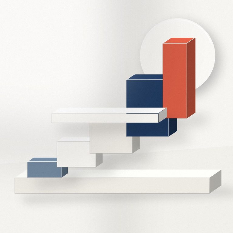 Abstract ascending architectural forms in navy, white and coral representing disciplined commercial growth.