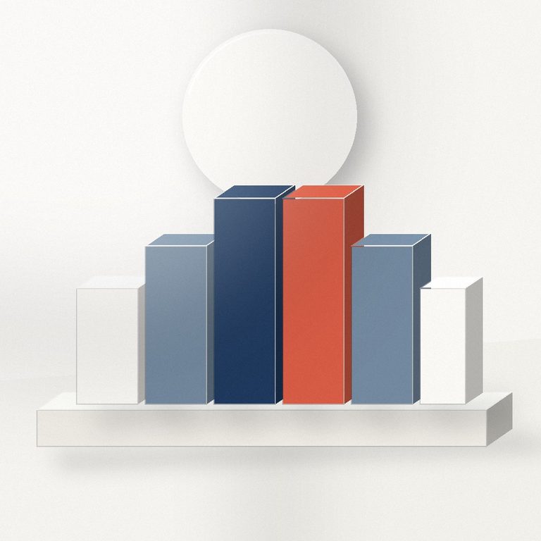 Aligned abstract architectural pillars in white, navy, blue grey and coral representing leadership team effectiveness.