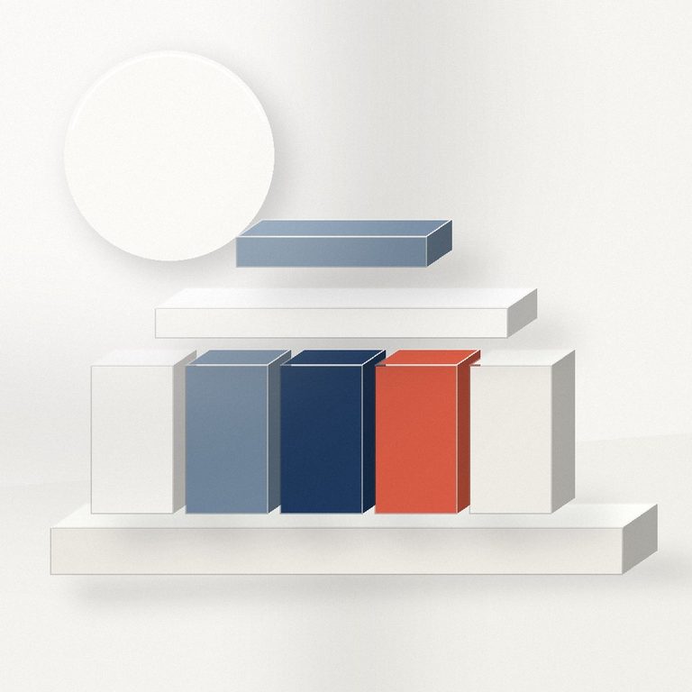 Modular abstract architectural forms in white, blue, navy and coral representing responsible AI workflow adoption.
