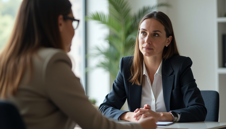 Eye-level view of a coach and client sitting across a table with focused expressions during a coaching session