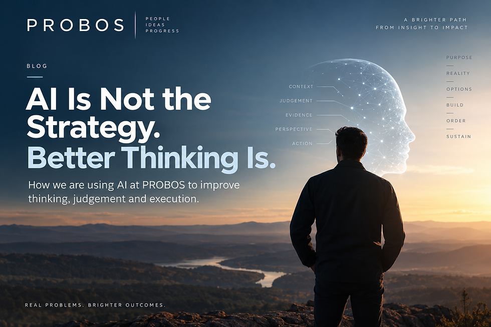 AI Is Not the Strategy. Better Thinking Is. A person overlooks a sunlit landscape beside a digital human profile, illustrating human judgement and AI working together.