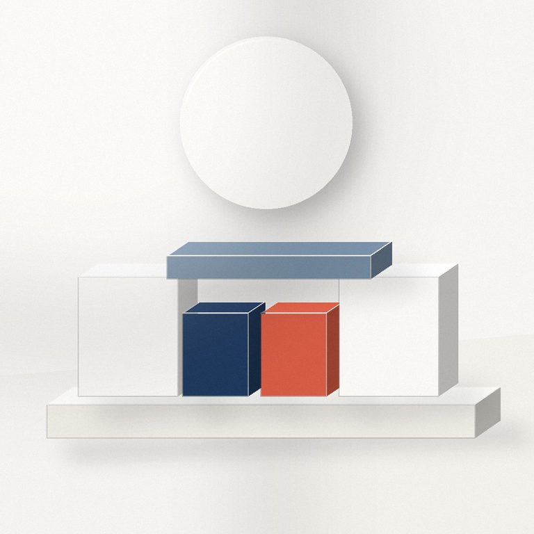 Balanced abstract architectural composition in white, navy, blue grey and coral representing value and negotiation.